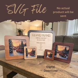 May include: A collection of square wooden frames in various sizes, each displaying a winter scene with a red truck. The frames are displayed on a wooden table. Text on the image reads "SVG File" and "Digital Download".