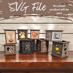 May include: A set of seven wooden candle holders with various designs featuring paw prints, hearts, wings, and the word "LOVE". The candle holders are arranged on a wooden surface.  "SVG File" and "No actual product will be sent" are written on the top of the image.  "Digital Download" is written at the bottom of the image.