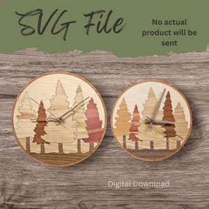 May include: Two circular wooden clocks with a forest design. The clocks have a light wood background with various shades of brown and red trees. The clock hands are dark brown. The text "SVG File" and "Digital Download" are visible.