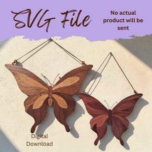 May include: Two wooden butterfly wall hangings in shades of brown, with intricate wing patterns. The larger butterfly is approximately 18 inches wide. The image includes the text "SVG File" and "Digital Download".