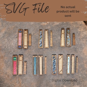 May include: A digital download of 10 SVG files for laser cutting wood earrings. The designs include various patterns and colors, such as stripes, polka dots, and floral prints. The earrings are rectangular in shape with a small hole at the top for hanging.