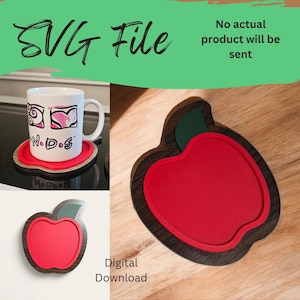 May include: A red apple-shaped coaster with a dark wood border and green leaf detail. The image also shows a white mug with a red coaster and the text "SVG File" and "Digital Download".