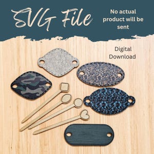 Könnte beinhalten: Eine digitale SVG-Datei zum Herunterladen mit verschiedenen Formen, darunter rautenförmige, ovale und rechteckige Anhänger mit Blumen-, Tarn- und Rippenmustern, sowie vier dünne metallartige Stäbe, beschriftet mit SVG File und Digital Download.
