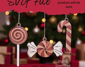 Adornos navideños de capas con textura de madera y diseño de caramelos - Archivo láser SVG