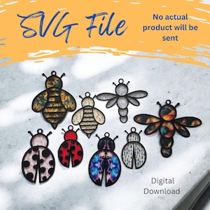 Puede incluir: Una descarga digital de ocho archivos SVG con diferentes diseños de insectos. Los diseños incluyen una mariquita, una abeja y una mariposa. Los insectos son todos negros y presentan diferentes patrones y colores.