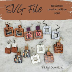 May include: A digital download of SVG files for laser cutting wooden earrings. The earrings feature various patterns and designs, including geometric shapes, floral motifs, and abstract patterns. The earrings are made of wood and have a natural finish.