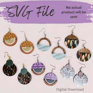 May include: SVG File digital download of eight pairs of earrings. The earrings are made of wood and feature various patterns and colors, including brown, green, purple, and white.