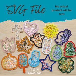 Könnte beinhalten: Eine Sammlung farbenfroher SVG-Dateidesigns in verschiedenen Formen, darunter ein Kreuz, ein Herz, ein Geist und ein Stern, gefüllt mit Konfetti. Die Designs sind in verschiedenen Farben umrandet und werden auf einer hellen Holzoberfläche angezeigt. Der Text "SVG File" und "Digital Download" sind sichtbar.