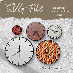 May include: A collection of five round clocks with various designs. One clock has a red background with black dots, another has a wood grain appearance, and a third has a white background with black dots. The other two clocks have a white and orange wave pattern and a white background. The text "SVG File" and "Digital Download" are visible.