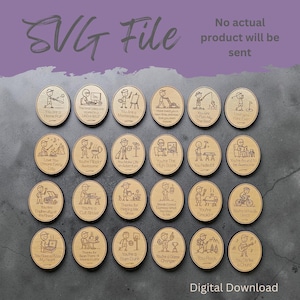 May include: A collection of twenty-four oval wooden tokens featuring engraved stick figure illustrations and puns. Each token displays a unique cartoon scene with text such as You Are A Home Run, You Are O-Fish-Ally The Best, and You Are A Game Changer.