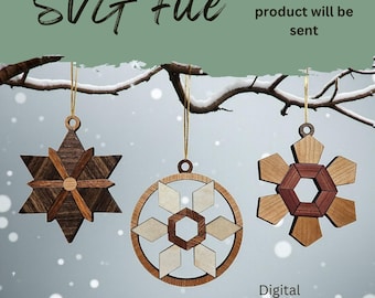 May include: Three wooden snowflake ornaments hanging from a snow-covered branch. The ornaments are made of various wood tones and geometric designs. The text "SVG File" and "Digital Download" are visible.