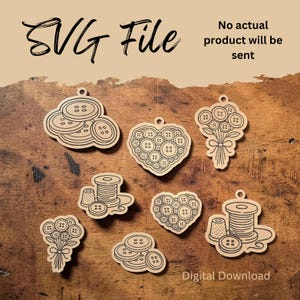 May include: SVG file digital download featuring various sewing-themed designs. Includes button clusters, heart-shaped button arrangements, bouquets, and spools of thread. The text "SVG File" and "Digital Download" are visible.