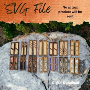 Puede incluir: Una colección de 18 archivos SVG digitales para corte por láser, que presentan varios diseños y patrones geométricos. Los diseños se muestran en una superficie de roca, con el texto "SVG File" y "No actual product will be sent" sobre los diseños. El texto "Digital Download" está en la parte inferior de la imagen.