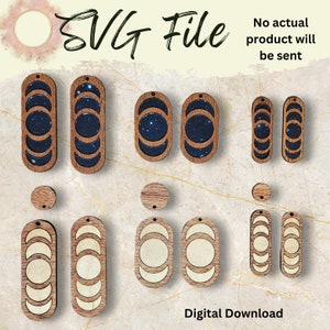 May include: SVG file digital download of various moon phase designs in different sizes. The designs feature a crescent moon, half moon, and full moon in a wood grain pattern with a dark blue or light wood background.