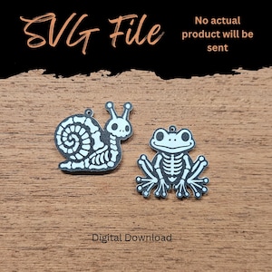May include: A digital download SVG file featuring two black and white graphic designs: a snail with a skeletal shell and skull, and a frog with a visible skeletal structure. The text reads SVG File, No actual product will be sent, Digital Download.
