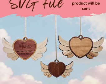 Adornos conmemorativos personalizables en capas con forma de alas de corazón y vetas de madera - Archivo láser SVG