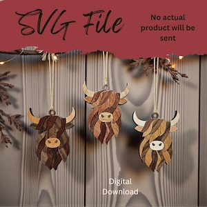 May include: Three wooden Highland cow ornaments with varying shades of brown and tan, hanging from gold string. The ornaments have detailed wood grain patterns and are designed with layered wood pieces. The image includes the text "SVG File" and "Digital Download".