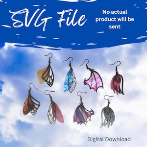 May include: SVG file digital download of eight different earring designs. The earrings feature various colors and patterns, including pink, blue, black, and brown. The designs include wings, dragon wings, and spiral shapes.