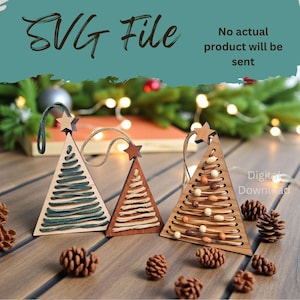 May include: Three wooden Christmas tree ornaments with star toppers and hanging loops. The trees are various shades of brown and beige, with decorative stitching and bead accents. The text "SVG File" and "Digital Download" are visible.