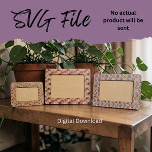 May include: Three rectangular wooden frames with floral and leaf patterns, arranged on a wooden surface. The frames vary in size and feature light-colored wood interiors. The text "SVG File" and "Digital Download" are visible.
