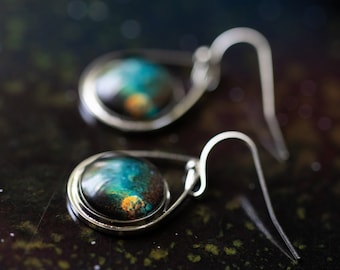 CLEARANCE Surprise Space Earrings - Delicate Silver Tone Teardrop French Hook - Solar System Planet Nebula Jewelry, Astronomy Universe