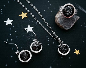 Small Chunky Round Meteorite Jewelry Set - Authentic Meteorite Celestial Jewelry Set with Matching Necklace Earrings Ring - Campo del Cielo