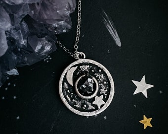 Night Sky Circle Pendant Necklace with Raw Campo del Cielo Meteorite - Authentic Meteorite Celestial Jewelry, Stars and Moon Jewelry