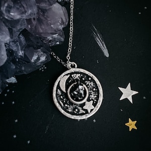 Night Sky Circle Pendant Necklace with Raw Campo del Cielo Meteorite - Authentic Meteorite Celestial Jewelry, Stars and Moon Jewelry