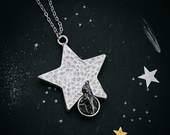 CLEARANCE Silver Star Shaped Pendant Necklace with Raw Campo del Cielo Meteorite - Authentic Meteorite Celestial Jewelry, Stars and Moon