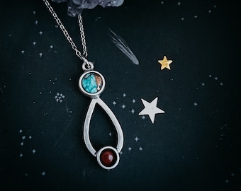 Journey to Mars Necklace - Copper Chrysocolla Earth and Red Jasper Moon - Celestial Jewelry, Natural Stones - Silver Tone Infinity Pendant