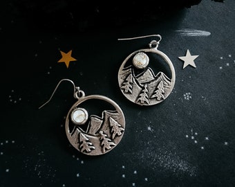 Round Silver Dangle Earrings with Mountain Landscape, Trees, and Copper Calcite Moon - Unique Travel and Nature Jewelry