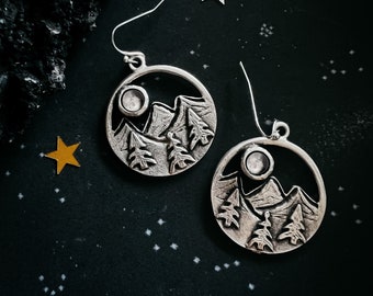 My Moon Rising Over Mountain and Treelined Landscape Dangle Earrings - Custom Phase of the Moon Jewelry from Specific Date, Nature Jewelry