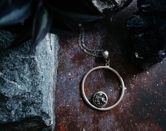 Silver Circle Pendant Necklace with Raw Campo del Cielo Meteorite - Authentic Meteorite Celestial Jewelry, Astronomy Gift for Teachers