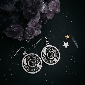 Authentic Meteorite Earrings - Circle Shaped Silver Dangle Earrings with Night Sky Design - Raw Genuine Meteorite - Stars and Moon Jewelry