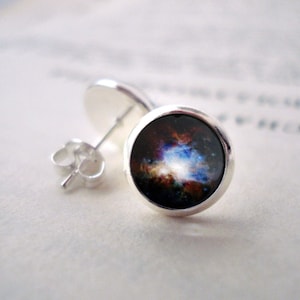 Orion Nebula Earrings - Tiny Silver Petite Silver Galaxy Studs- Science, Astronomy, Universe, Outer Space, Cosmos, Black Blue Red White