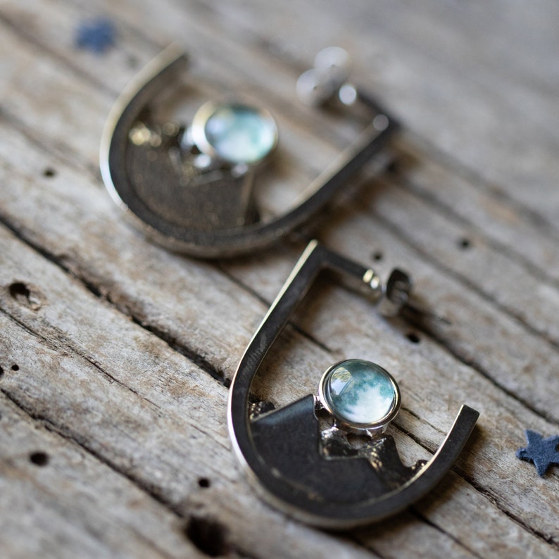 SLIGHTLY DEFECTIVE Mountain Earrings with Galaxy Image Unique Earrings, Landscape Jewelry, Planet, Moon, Science, Boho image 8