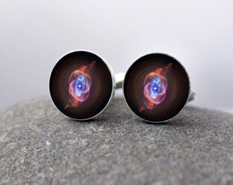 Cat Eye Nebula Cuff Links - Galaxy Accessories - Wedding, Gifts for Men, Pink and Blue Cufflinks, Science Wedding Outer Space