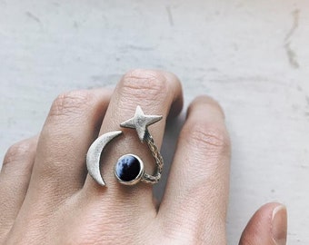 My Moon Orbital Custom Ring - Ring with Star, Crescent Moon, and Lunar Phase from Specific Date - How the moon looked on birthday, wedding