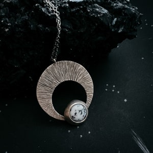 Crescent Moon Pendant with Dendrite - Silver or Gold Lunar Necklace, Bohemian Celestial Jewelry, Boho Style Cosmic Fashion by Yugen