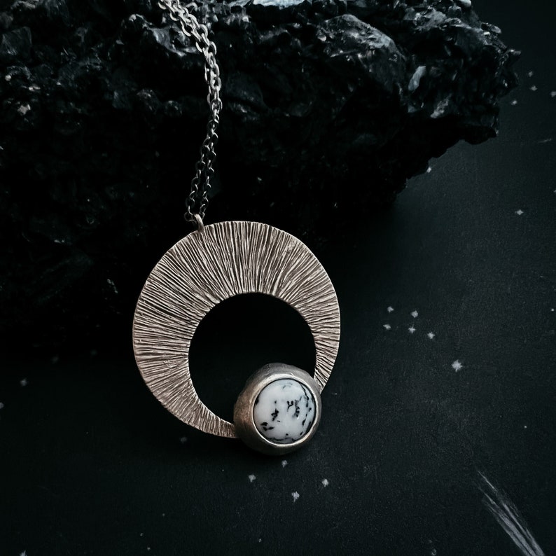 Crescent Moon Pendant with Dendrite - Silver or Gold Lunar Necklace, Bohemian Celestial Jewelry, Boho Style Cosmic Fashion by Yugen