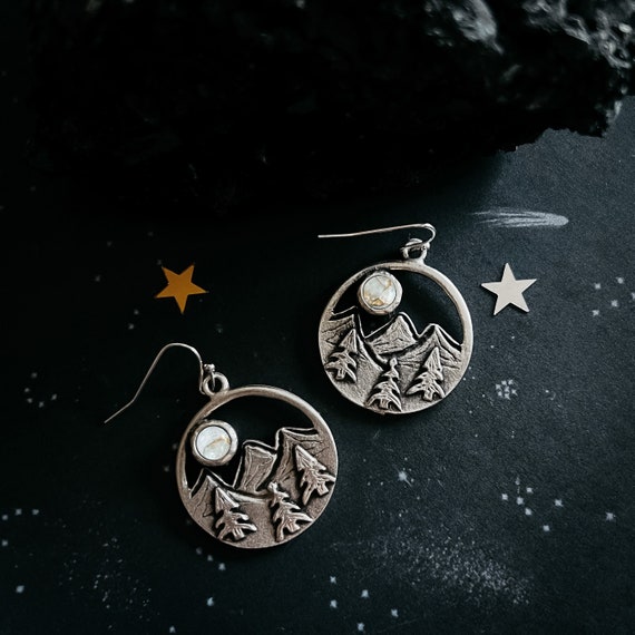 Round Silver Dangle Earrings With Mountain Landscape Trees and