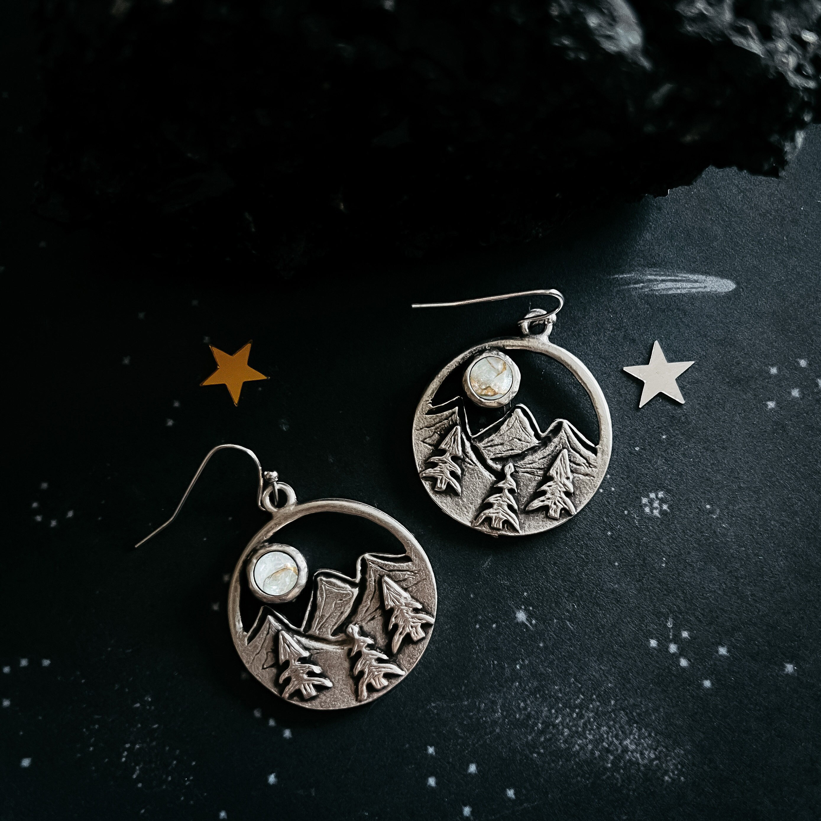 CLEARANCE Round Silver Dangle Earrings with Mountain Landscape, Trees, and Copper Calcite Moon - Unique Travel and Nature Jewelry