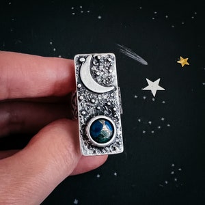 CLEARANCE Moonrise Over Earth Ring - Crescent Moon rises over a Azurite Malachite Earth - Celestial Jewelry, Night Sky, Silver Rectangle