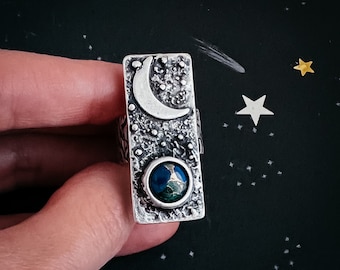 Moonrise Over Earth Ring - Crescent Moon rises over a Azurite Malachite Earth - Celestial Jewelry, Night Sky, Silver Rectangle Statement