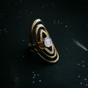 CLEARANCE Cosmic Ripple Ring with Rainbow Moonstone and Phases of the Moon - Gold or Silver Statement Cocktail Ring with Lunar Phases