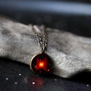 Red Square Nebula Pendant - Galaxy Space Necklace - Gunmetal or Bronze - Cosmos Jewelry, Outer Space Universe Science Gift