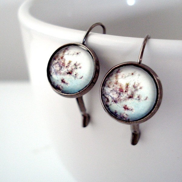 Clearance DISCONTINUED Simple Cherry Blossom Polaroid Photo Earrings - Antique Silver Gunmetal - Great for Bridesmaids, Mom, Weddings, Etc.