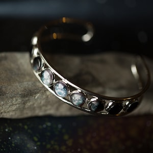 Phases of the Moon Silver Cuff Bracelet - Adjustable Lunar Phase Bracelet, Celestial Jewelry, Astrology Astronomy Teacher Gift Under 60