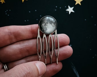 My Moon Custom Hair Accessory - Single Silver Tone Hair Comb Pin with Personalized Moon Phase from Special Date - Wedding, Stocking Stuffer