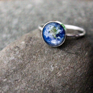 Earth Ring - Galaxy Space Jewelry Custom Sized - Petite Solar System Planet Jewellery - Outer Space Pale Blue Dot - Sterling Stacking Ring